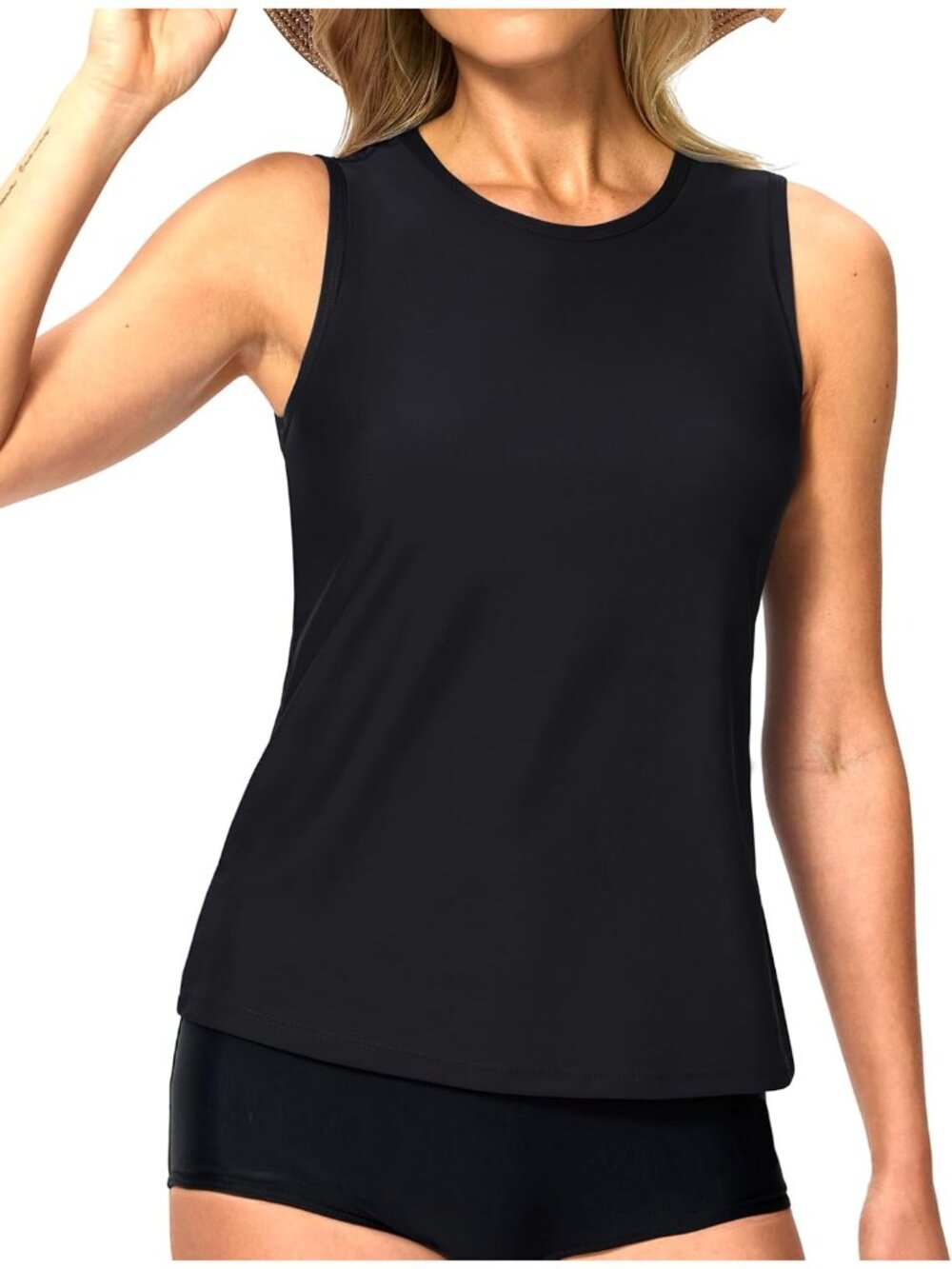 Women's Black High Neck Tanking Tops Modest Swim Shirts with Bra Bathing Suit